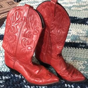 Red J. Chisholm ladies cowboy boots, pointed toe.